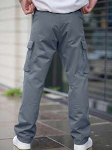 Manfinity Roughcore 男士多口袋休闲时尚直筒实用美式工装裤，灰色后袋工装裤男士战术工作裤街头潮流，秋季 - 霧霾藍 - 查看 2