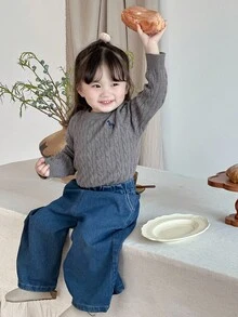 DAZY Baby Girl Unicorn Embroidered Cable Knit Casual Sweater Fall,Winter Toddler Girls Clothes - Beige - View 3
