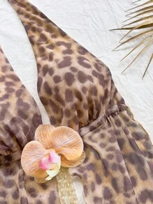 SHEIN x Eduarda Gutierrez Soleia Multicolor Animal Print Two-Piece Outfit With Halter Top And Ruched Skirt Leopard Print Two Piece Leopard Skirt Set - Multicolor - View 5