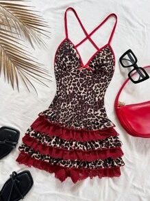 Soleia Women's Vacation Multi-Color Vintage Leopard Print & Red V-Neck Backless Crisscross Strap Leopard Pleat Ruffle Splice Contrast Red Lace Sexy Romper, Suitable For Dating, Afternoon Tea, Vacation, Music Festival, Bohemian Party, Carnival, Can Be Worn As Inner Wear Or Outerwear,Leopard Print,Back To School,Homecoming - Multicolor - View 4