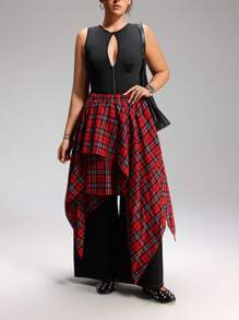 LYSMO 红黑格子松紧腰不对称下摆休闲大码女式中长裙 - 紅色 - 查看 6