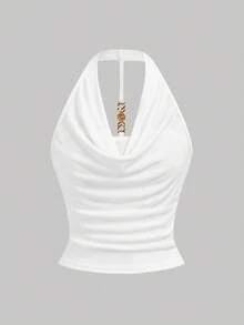 SHEIN Girlism Everyday Semi-Sheer White Tank Top With Plant Detail And Short Asymmetrical Design White Top White Tops Halter Top White Halter Top Cowl Neck Top - White - View 1