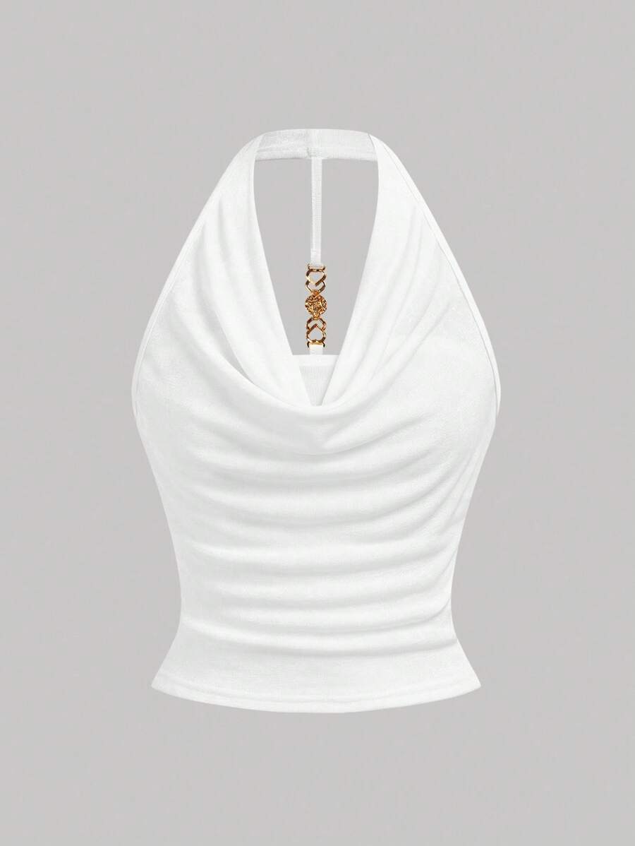 SHEIN Girlism Everyday Semi-Sheer White Tank Top With Plant Detail And Short Asymmetrical Design White Top White Tops Halter Top White Halter Top Cowl Neck Top - White - View 1