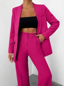 EURMUSE Women's Daily Casual Solid Button Suit Set - Hot Pink - View 6