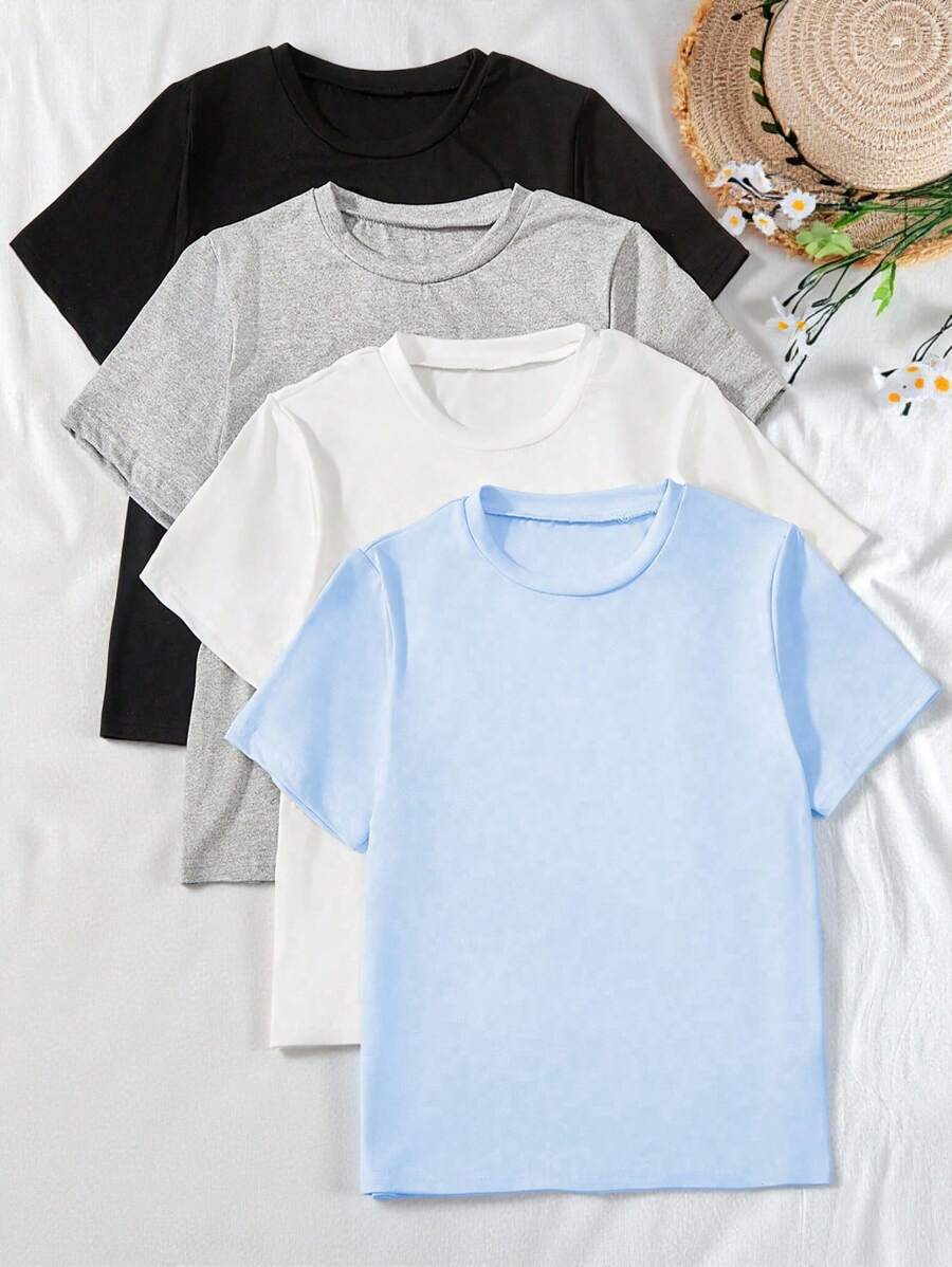 Sparklyn Teen Girl 4pcs Solid Color Crewneck Short Sleeve Casual T-Shirts, Summer Basic Topholiday,Summer,Travel,Getaway, School, Campus, College - Multicolor - View 1