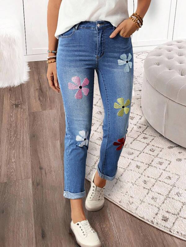 EMERY ROSE Women Floral Embroidered Patch Skinny Casual Versatile Jeans