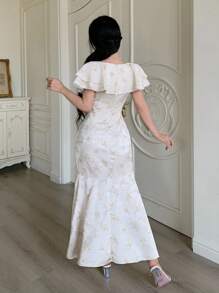 Modelyn 时尚、浪漫、优雅的提花缎浅黄色女士度假连衣裙 - 淡黃色 - 查看 6