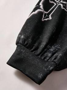 青少年/青少年男孩休闲日常百搭舒适街头风格图案印花宽松连帽套头衫，长袖 - 黑色 - 查看 4