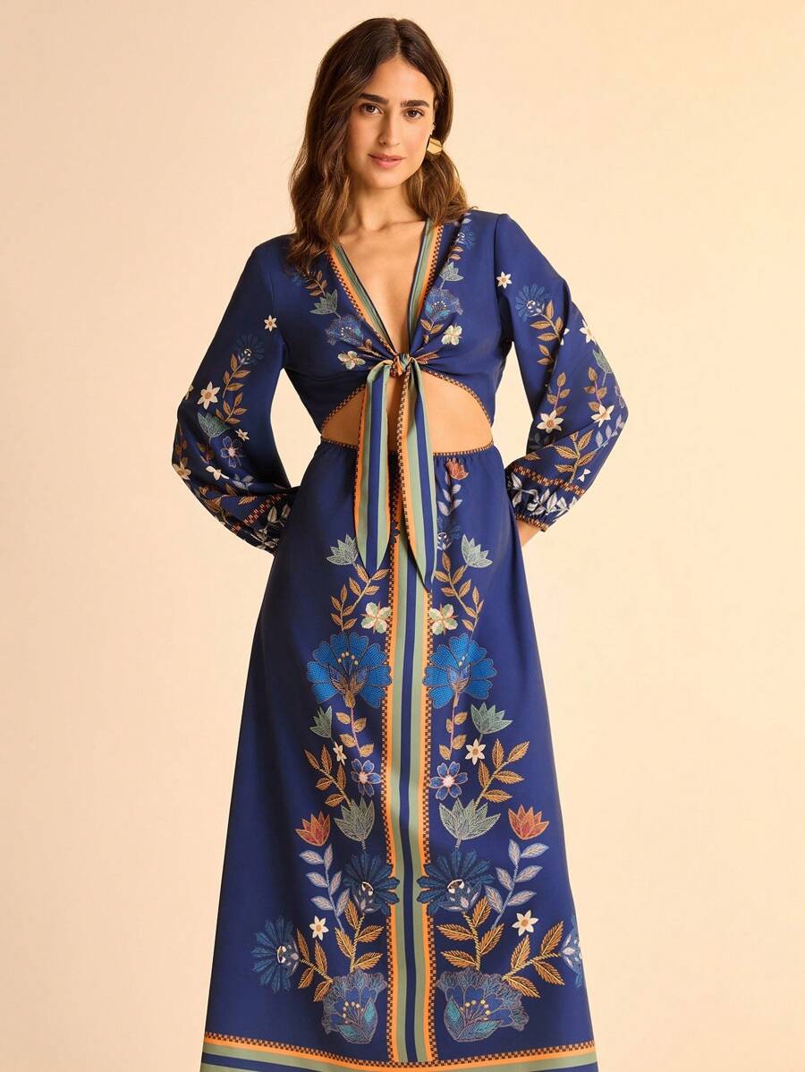 CAJUNI Women's Boho Navy Blue Floral Tropical Plant Print V-Neck Tie Front Waist A-Line Dress,Elegant Holiday Vacation Garden Party Summer Autumn Dresses