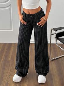 SHEIN Cottnline Women's Striped Low Waist Pockets Wide Leg Loose Casual Versatile Jeans Striped Pants Pinstripe Pants High Waist Pants Women Pants Casual Black And White Striped Pants - Medium Wash - View 7