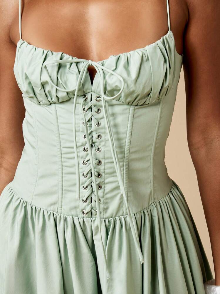 MISSGUIDED Elegant Corset Style Midaxi Dress Lace Up Front Spaghetti Strap Sage Green Summer Wedding Guest Party Prom Ball Gown With Full Circle Skirt Christmas - Green - View 6