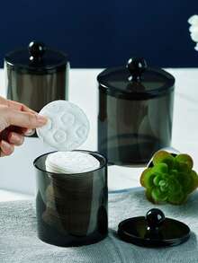 1pc Transparent Storage Box For Cleaning Rod, Round Pad And Dental Floss Pick - 10oz Clear Plastic Jar Set, Suitable For Bathroom And Dressing Table Storage And Organization, Black Night Stand Makeup Storage Box,Living Room Decor Pen Holder Storage Box