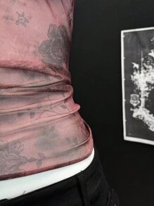 EgrlEra Vintage Puff Sleeve Crew Neck Ribbon & Mesh Patchwork Bodycon Women T-Shirt - Rust Brown - View 4