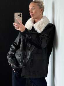 DAZY 女士秋冬仿羊羔绒领单排扣夹克，PU皮革工装绗缝外套，简约时尚 - 黑色 - 查看 7