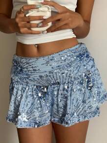 Comfortcana 时尚蓝色亮片低腰迷你裙，夏季