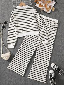 Sparklyn 少女条纹翻领落肩卫衣和裤子休闲套装