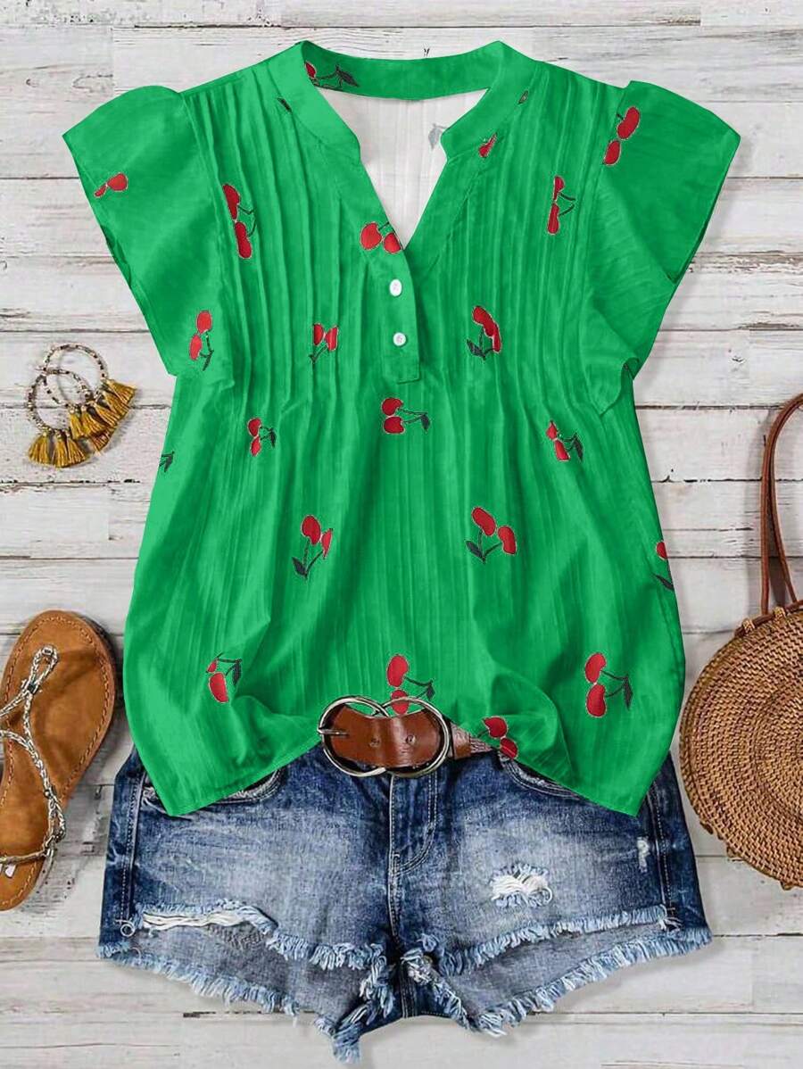 SHEIN Clasi Áo cánh tay lửng cổ chữ H họa tiết quả anh đào cho nữ mặc thường ngày ngày lễ - màu xanh lá - Xem 1