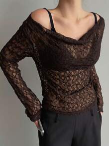 DAZY 女式蕾丝斜肩修身短款透明衬衫，白色，春夏秋季女装长袖上衣