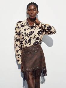 Maija 棕色图案印花休闲宽松长袖女式衬衫，波西米亚风度假风格机场旅行装，万圣节 - 杏色 - 查看 5