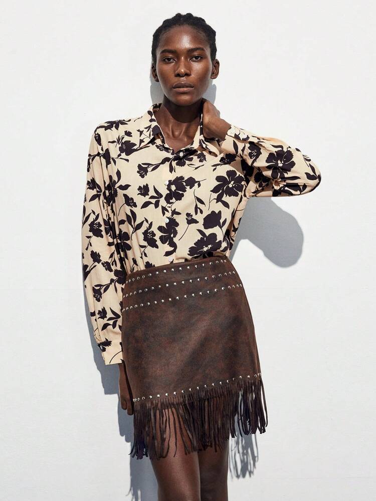 SHEIN Maija Camicia casual da donna a maniche lunghe con stampa grafica marrone, vestibilità ampia, stile bohémien da vacanza e aeroporto, adatta anche per Ognissanti