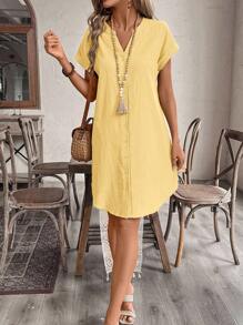 SHEIN Tall CURVE Đầm thường ngày tay ngắn cổ chữ V trơn mùa hè cỡ lớn cho nữ - Màu vàng - Xem 4