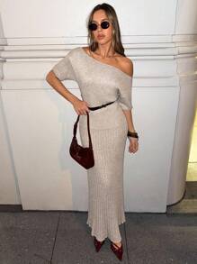 Siren Gaze 女士优雅纯色露肩针织连衣裙罗纹连衣裙长款修身连衣裙紧身长裙修身连衣裙针织连衣裙秋冬女装 - 杏色 - 查看 6