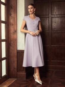 ZEYLAH 短袖束腰长款优雅秋冬连衣裙 - 紫色 - 查看 5