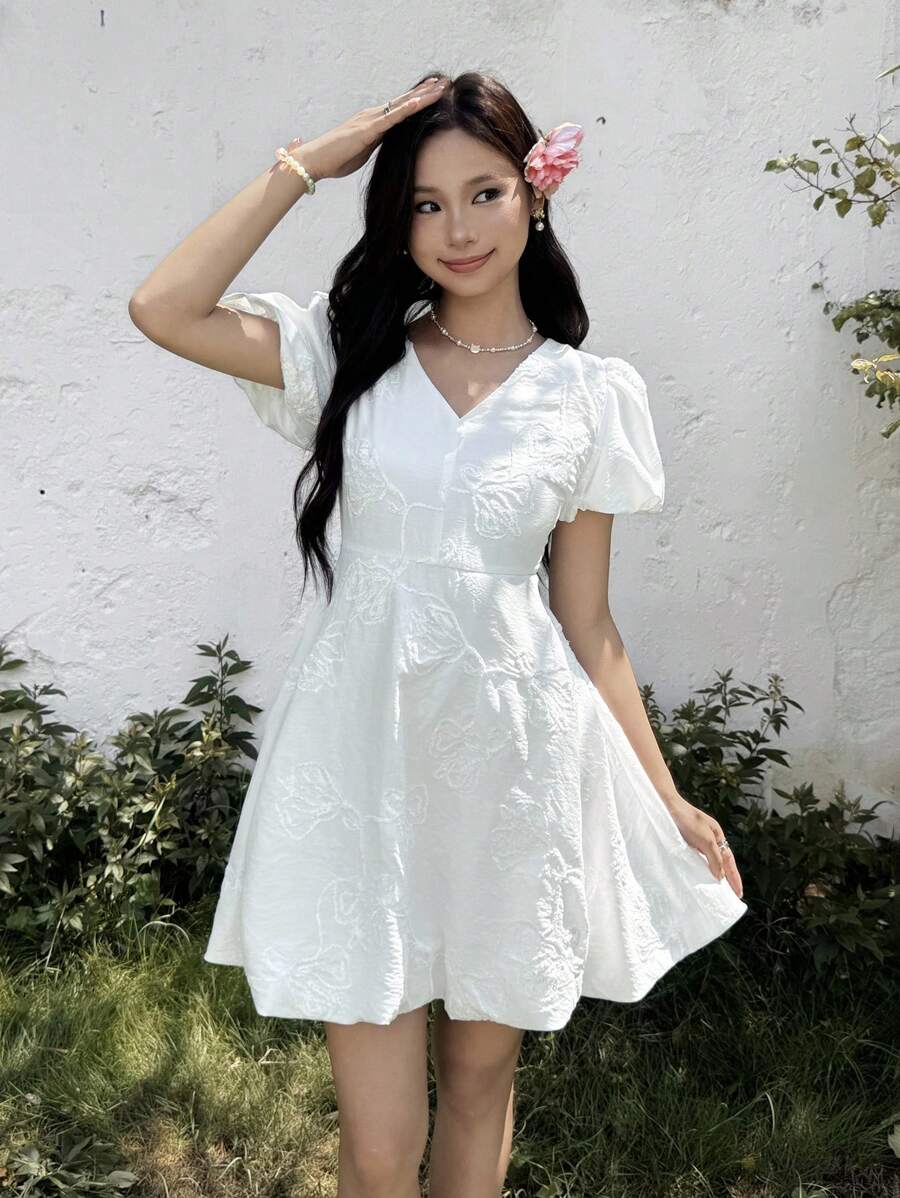 SHEIN 少女优雅提花纹理泡泡袖法式公主裙，适合海滩度假 - 白色 - 查看 1