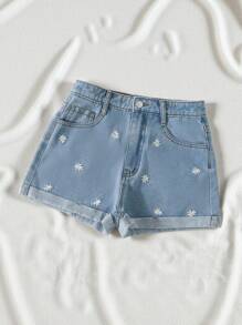 SHEIN Teen Girl Floral Embroidery Roll Up Hem Denim Shorts - Light Wash - View 8