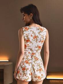 SHEIN BAE 女式优雅花卉印花无袖牛仔夏季衬衫 - 白色 - 查看 2