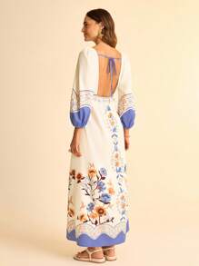 CAJUNI 女式波西米亚风热带植物与花卉印花蓝黄假日休闲镂空后背长袖长裙 - 彩色 - 查看 3