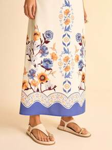 CAJUNI 女式波西米亚风热带植物与花卉印花蓝黄假日休闲镂空后背长袖长裙 - 彩色 - 查看 8