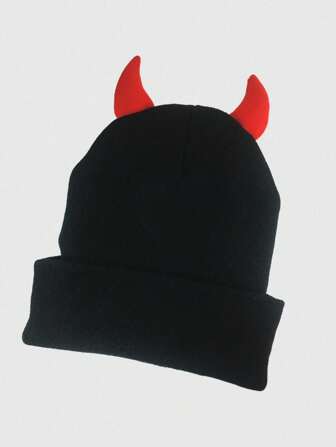 Grunge Punk 1 Pc Punk Rock Style Red Horns Knit Beanie, Black Plain Warm Oversized Slouchy Beanie, Fashion Daily Casual Hats