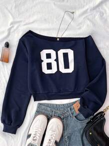 少女休闲皇家蓝色针织标语不对称肩部印花短袖修身上衣，适合春夏季，凉爽，基本款，日常，百搭，运动时尚，返校季，校服