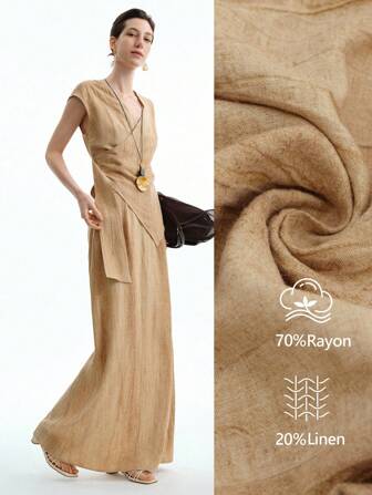 Aalyst 女式休闲 V 领无袖不对称下摆腰系带上衣和纯色 A 字长裙套装，适合工作，春夏季