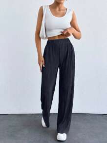EURMUSE Calça feminina solta casual com cintura elástica e perna larga, cor sólida - Azul marinho - Ver 4