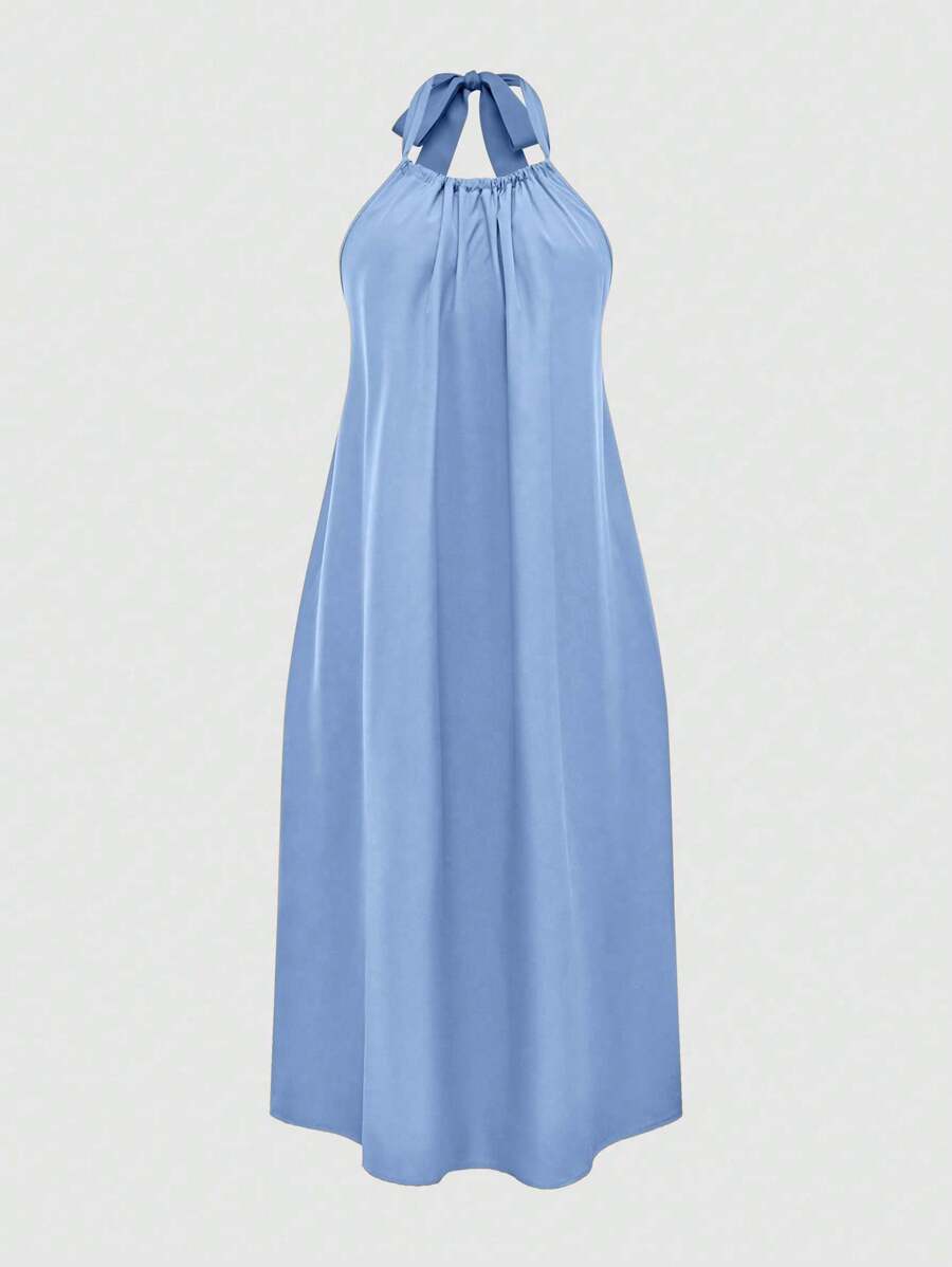 Chiquease 女式纯色褶饰挂脖系带宽松中长连衣裙