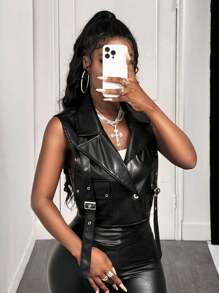 BamGleam Women's Fashion Punk Rock Style Vest Jacket - Black - View 4