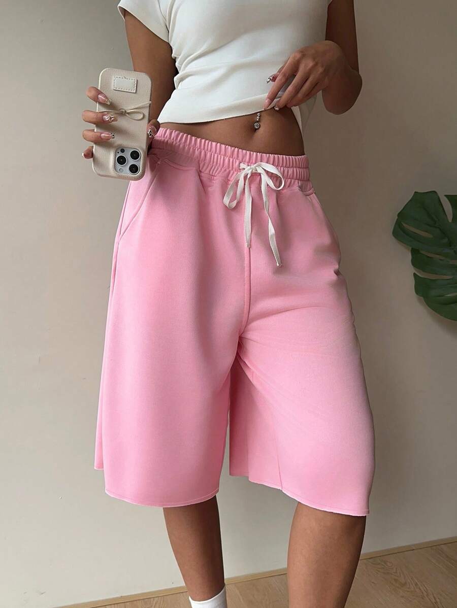 SHEIN EZwear Pantaloncini rosa casual e morbidi da donna in taglie comode, per l'estate - Rosa - Visualizzare 1
