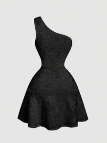 SHEIN MOD Knitted Jacquard Dress With Metallic Flower Decor, Asymmetric Shoulder And Ruffle Hemline - Black - View 2