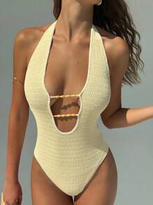 Aloruh Body femme à col v profond sans manches de couleur unie sexy - Rose bonbon - Voir 4