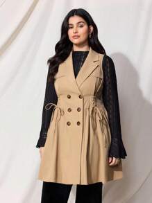 SHEIN MOD 大码女式米色束腰泡泡袖无袖风衣 - 卡其色 - 查看 6