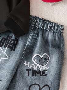 SHEIN 女宝宝秋冬新款时尚斜肩长袖卫衣和裤子两件套 - 黑色 - 查看 5