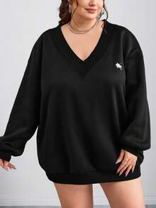 SHEIN CURVE+ Curves Plus Size/Chool Clothes/Back To School Clothes /Back To SchoolPlus Size Women's Casual Simple Black V-Neck Loose Fit Sweatshirt, Suitable For Autumn/Winter Plus Size Sweatshirts Plus Size Sweatshirt Women Black Sweatshirt V-Neck Sweatshirt Plus Size Top Fall/Autumn /Winter