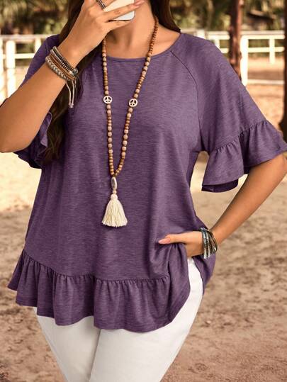 EMERY ROSE Plus Size Round Neck Short Sleeve Solid Color T-Shirt, Casual & Fashionable For Everyday Wear,Summer,Vacation Woman / Vacation,Boho Women, Ruffle Sleeve Top, Dark Purple Top, Summer Top,Fall Women,Summer Holiday,Vacation Women,Simple And Fashionable For Everyday Wear,Suitable For Early Autumn,Going Out,Western, Early Autumn Boho Top For Women,Teacher For Women,Teacher For Women