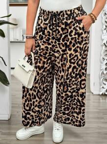 EMERY ROSE Plus Size Casual Loose Leopard Print Wide-Leg Pants,Summer Outfits For Women,Casual Outfits  For Women,Autumn,Fall Women's Clothes,Fall Clothes - Brown - View 3