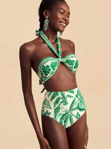 Travachic 女士夏季度假海滩热带印花吊带比基尼套装 - 綠色 - 查看 5