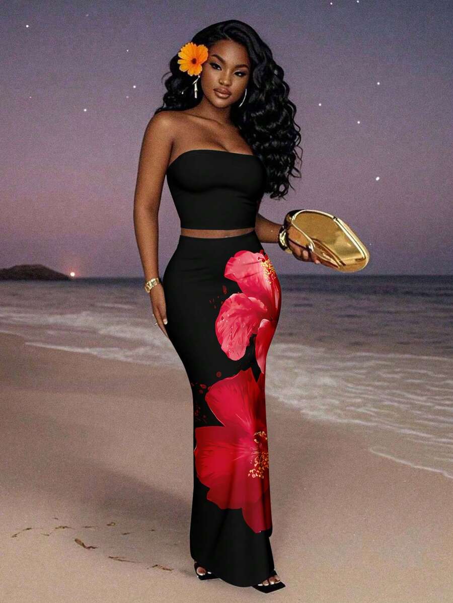 Slaydiva Conjunto de top tubo cropped casual de tipo bodycón y falda maxi tipo sirena bodycón con estampado floral, adecuado para salidas de verano