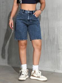 SHEIN PETITE 女式宽松休闲百慕大牛仔短裤，带口袋 - 藍色 - 查看 4