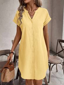 SHEIN Tall CURVE Đầm thường ngày tay ngắn cổ chữ V trơn mùa hè cỡ lớn cho nữ - Màu vàng - Xem 3